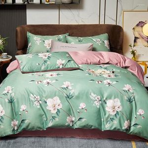 Sängkläder set gröna blomblommor blommor set satin polyester ark drottning täcke täcke kudde