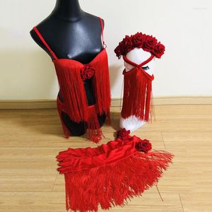 Stage Wear Red Rose Fringe Bikini Sexy GOGO Dancer Costume American Clothing Festival Outfit Headdress Tassel Mask Show 1985