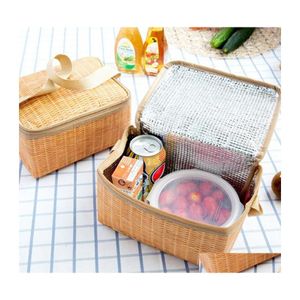 Dinnerware Sets Artificial Rattan Lunch Bags Portable Insated Box For Picnic Cam Container Thermal Cooler Pouch Tote Storage Drop De Dhh2K