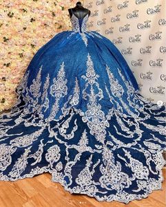 Royal Blue Princess Cathedral Train Quinceanera Dresses 2023 Gillter Pärled Applique Lace-Up Corset Vestidos de 15 Anos 2023