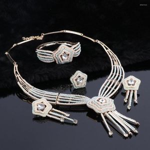 Necklace Earrings Set OEOEOS Austrian Imitation Crystal/Pearl Wedding Flower Luxury Fashion Women Jewelry Dubai Gold Color Jewellery