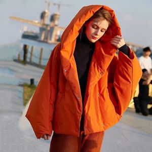 Moda de inverno de parkas feminino Faia solta laranja com casaco de tamanho grande laranja com capuz de luvas compridas casacos quentes F2531 230109