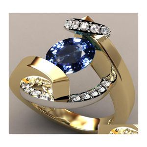 Bandringen blauw witte zirkoon stenen ring mannelijke vrouw geel goud bruiloft sieraden belofte verloving voor mannen drop levering otfgf