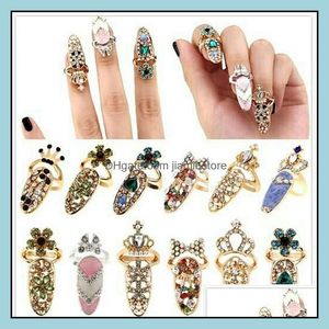 Band Rings Cute Rhinestone Bowknot Finger Nail Ring For Women Crown Flower Crystal Personality Art Resizable Knuckle Fashion Party D Otcjx