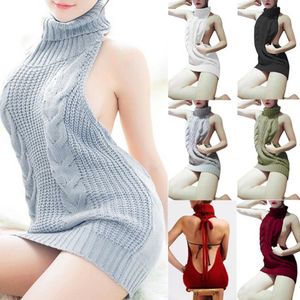Kvinnors tröjor Sexig mode rygglös ärmlös Turtleneck Pullover Knit Virgin Killer Cosplay Dress Female Jumper 230109