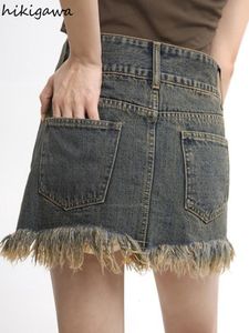 Юбки Винтажная кисточка Женщина Фалдас де Мухер уличная одежда женская летняя мини -джинсовая юбка мода Y2K одежда Bodycon Jupe 230110