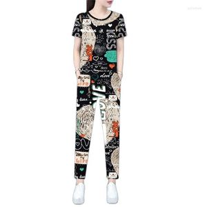 Damen Zweiteiliges Hosen-Sportbekleidungsset Female2023 Ins Sommer Zweiteilige Kurzarmhose T-Shirt Damen Freizeitkleidung Modische Frauen