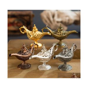 Fragrance Lamps Excellent Fairy Tale Aladdin Magic Lamp Incense Burner Vintage Retro Tea Pot Genie Aroma Stone Home Ornament Metal C Dhgsz