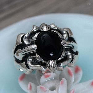 Pierścienie klastra S925 Sterling Srebrny czarny onyx drobny wzór vintage stare tajskie męskie