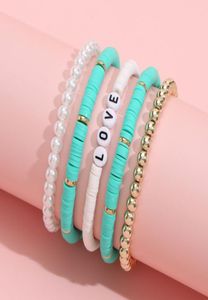 Boheemian Rainbow Polymer Clay Disc Stands Bracelet Imitatie Parel Letter Love Beads armbanden 5PCSSet4442437