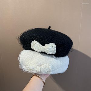 BERETS 202311-WM Drop Wool Felt Sweet Pearl Bowknot Mesh Grace Lady Beret Hat Women Leisure Painter