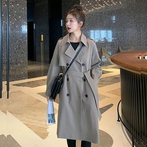 Women's Knits Tees Midlength Windbreaker With Sashes Dark Khaki Black High Street 2023 Spring Autumn Casual Lapel Long Sleeve Female Trench Coat 230109