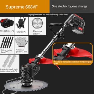Electric Grass Trimmer Powerful Cordless Lawn Mower Double Wheel Length Adjustable Garden Pruning Cutter Tool with 1 Battery