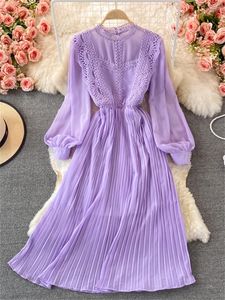 Abiti casual Primavera Donna Elegante Vintage Pieghettato Midi Dress Ladies Lace Ruffle Chiffon Abiti Party Robe 2023 Vestiti