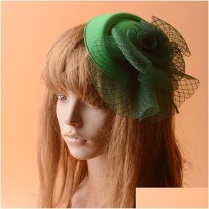 Acessórios para cabelos 2021 Madeira de malha verde fascinador Fascinator Top Hats Floral Net Clips for Women Church Party Horse Race Drop Delive Dhodr