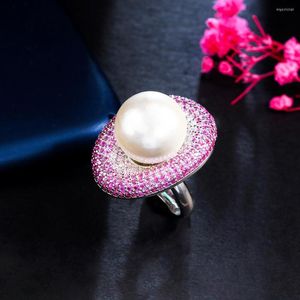 Wedding Rings BeaQueen Luxury Big Pearl Open Adjustable Finger For Women Girl Fuchsia Pink Cubic Zirconia Bridal Jewelry R116