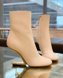 Winter Brand Popular First Women Ankle Boots White Black Nude Nappa Leather F-shaped Heels Rounded Toe gold-colored Metal Booties Lady Booty EU35-43 Box