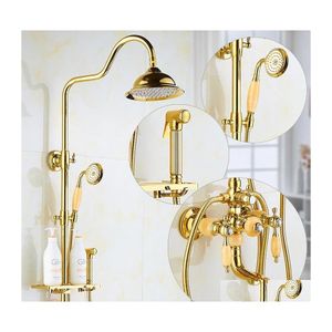 Badezimmer-Duschsets Messing und Jade-Wasserhahn Luxus-Regenset Wandmontage Gold mit Schiebestange Badewanne Bidet Drop Lieferung Hausgarten Fa Dhgto