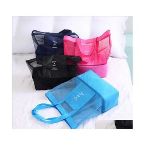 Bolsas de armazenamento 4 cores Mulheres Mesh Bolsa de praia Bolsas port￡teis com piquenique de camada dupla