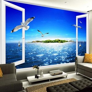 Tapeten Benutzerdefinierte Wandbild 3D Fenster Meerblick Wandmalerei Strand Insel Möwen Wohnzimmer Vlies Selbstklebende Tapete Wasserdicht