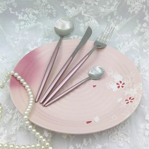 Dinnerware Sets Korean Style Pink Tableware Set Slender Handle Cutlery Plum Blossom Flat Plate Gracile Full Steak Knife 5pc