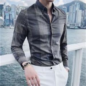 Tshirts masculinos 2023 Camisa de manga longa Man Young Slim Men Grid Business Quality Casual G38 230109