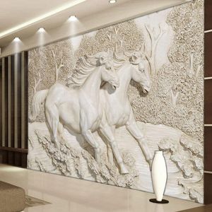 Bakgrundsbilder Anpassade väggmålning 3D Stereo Relief White Horse Po Wall Murals Classic Living Room TV Backdrop Home Decor PainterwallPapers