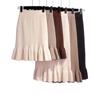 Skirt Skirt Knitted High Waist Pleated Lady Solid Elastic Mermaid Knitting Ribbed Autumn Winter Female Bottoms Two Types 230110