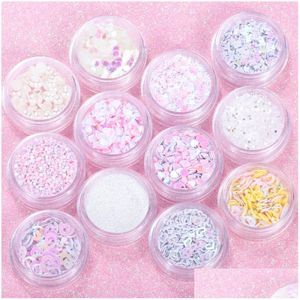 Nail Art Decorations 12 Pots/Set Laser Transparent Sequins Pearls Hollow Eye Glitters Mti Use 3D Manicure Makeup Accessory New Drop Dhxry