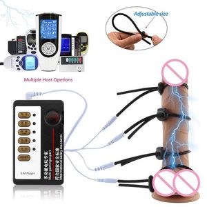 Vuxen massager elektro chock penis ring bdsm manlig elektrisk stimuleringsterapi massager silikon kuk förlänga förstora sexleksak