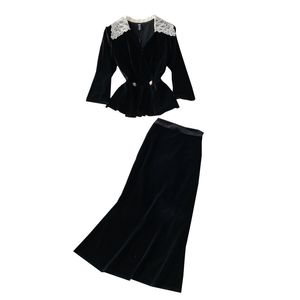 여자 레이스는 칼라 벨벳 패브릭 Peplum Top and Mermaid Midi Long Desinger Skirt Twinset 2 피스 드레스 양복 sml