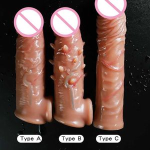 Massageador de brinquedos sexuais Massageador adulto Manga realista de pênis Soft Extensor silicone Toys machos Tampa de pau reutilizável Ejaculação atrasada