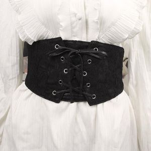 Cinture da donna Elastico elasticizzato Corsetto largo Fascia Waspie Punk gotico Vintage Incrociato con lacci Cintura in pizzo nero cincher in vita