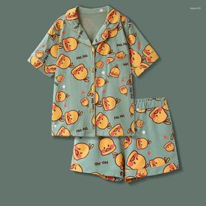 Kvinnors sömnkläder Kvinnors pyjamas Summer Short Sleeve Shorts 2 Piece Set Japanese Loose Kawaii Cartoon Satin Home Dress Underwear