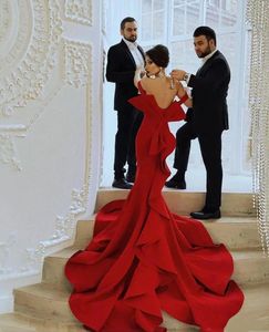 Elegant Red Long Mermaid Evening Dresses Ruffles Bow Train Off Shoulder Sexy Simple Formal Party Gowns Satin Slim Fit Women Special Occasion Wear