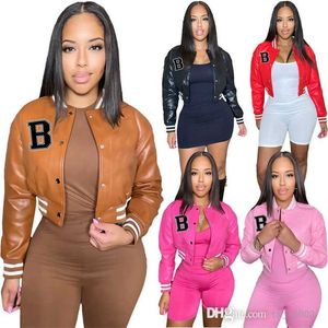 Retail Women Leather Baseball Jackets Designer Stand Collar Hip Hop Crop Tops Threaded Stretch Short Coat Winter Windproof Top