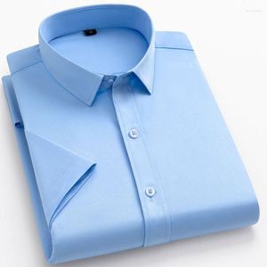 Herrklänningskjortor män kort ärmskjorta Stylelish Solid Formal Leisure Work Office Button Up Slim Fit 6xl Social Stretch Pink Blue Top