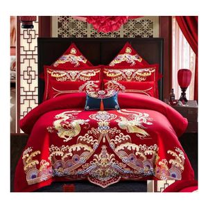Bedding Sets Luxury Set Dragon Phoenix Bordado Vermelho Casamento Chin￪s Chin￪s