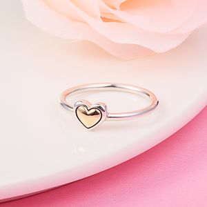 925 Sterling Silver Domed Golden Heart Band Ring Fit Pandora Jewelry Engagement Wedding Lovers Fashion Ring