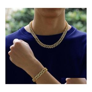 Naszyjnik bransoletki 12 mm Miami Cuban Link Bracelet Bracelet do męskiego Bling Hip Hop lodowany Diamond Gold Sier Sier Chains Women Otgha