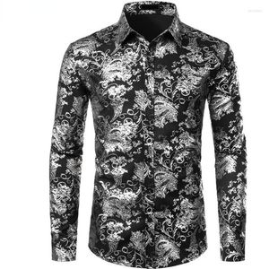 Camicie casual da uomo Camicia floreale stampata di lusso Paisley argento Camicia da uomo per cena di nozze Abito africano Chemise Homme da uomo