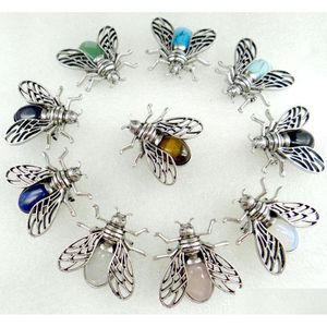 Подвесные ожерелья натуральный каменный смесь тигр глаз lapis lazi Quartz Crystal Animal Bee Archaize Sier Brooch Jewelry, сделав 10 шт.