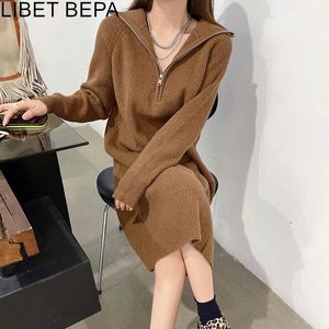 Casual Dresses 2023 Women Autunm Winter Knitted High Waist Elegant Vintage Warm Fashionable Zipper Long The Shift DR2171