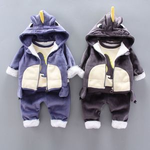 Conjuntos de roupas Bebê Meninos Roupas Conjuntos Inverno Plus Veludo Grosso Quente 3 Pcs Outift Cartoon Dinosaur Crianças Roupas Esporte Conjunto de Treino para Crianças 230110