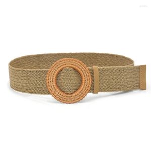 Belts 2023 Vintage Bohemia Round Buckle Elastic Braided Women Summer Wild Linen Weave Wide Belt Straw Waistband