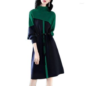 Women's Sweaters High Neck Knitted Dress Women Over The Knee Autumn Winter 2023 Mid-Length Waist Bottoming Sweater Vestidos L881