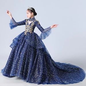 2023 Gold blue Flower Girl Dresses Jewel Neck Ball Gown Lace Appliques Beads long sleeves Kids Girls Pageant Dress Sweep Train Birthday Gowns