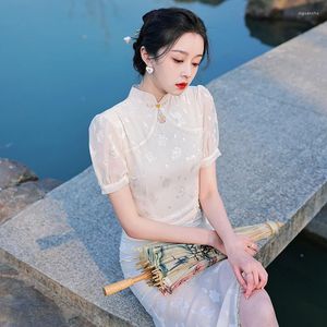 Etnisk kläder Autumn Retro Chinese Women Puff Sleeve Cheongsam Elegant spets trim mandarin krage jacquard chiffon qipao klänning