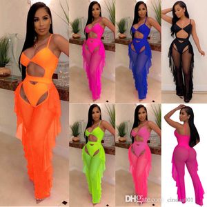 Sexig nät Badkläder 2 -stycken Set Swimsuit Bathing Suit Cut Out Spaghetti Straps Bodysuit och Ruffle Sheer Open Crotch Pants Night Tracksuit