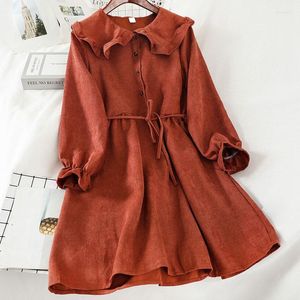 Casual Dresses Women Spring Autumn Cotton Blends Dress Slim Waist Solid Color Female Fashion Petter Pan Collar Flared Sleeve Big Swing